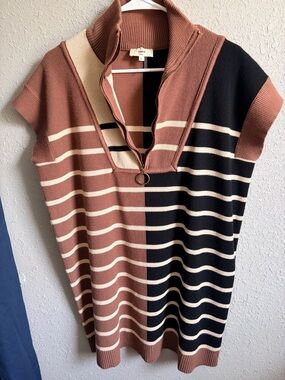 Entro Ribbed Knit Colorblock Sweater Dress Quarter Zip Cap Sleeve Size L